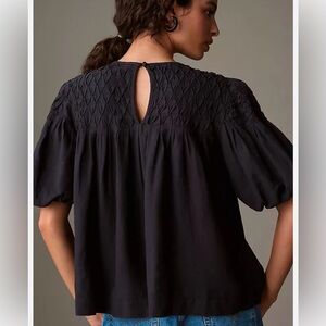 Anthropologie Puff-sleeve Smocked Linen Top